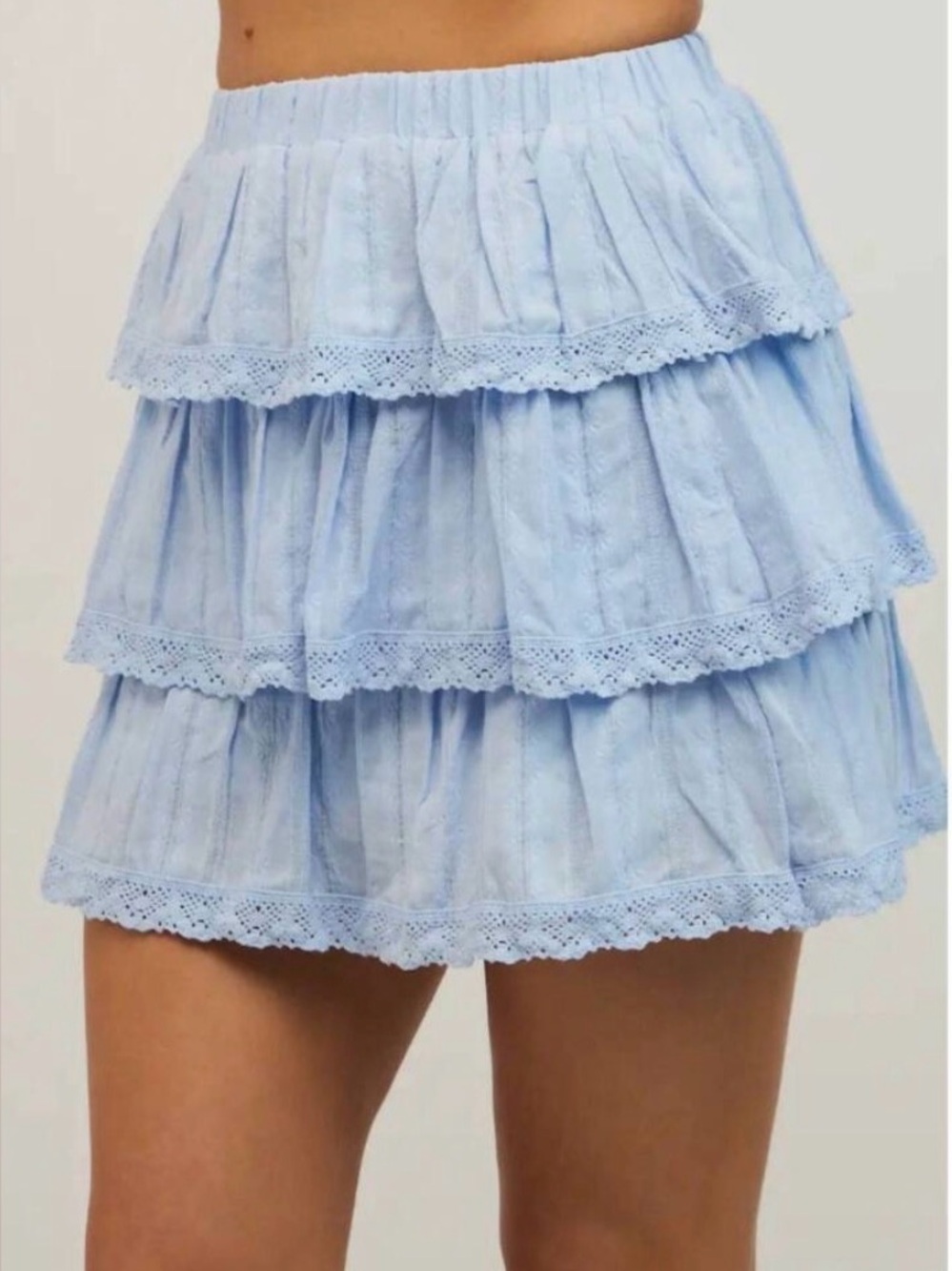 Sky to Moon Light Blue Tiered Lace-Trim A-Line Skirt